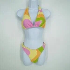 Aurelle Indio Bikini Set Size S NWOT Abstract Print Yellow Pink